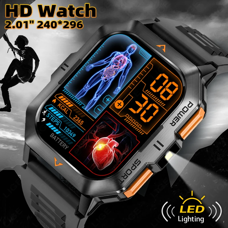 

LIGE Men 2.01inch Smart Watch with Flashlight Heart Rate Blood Oxygen Monitor Exercise Steps Calories Voice Assistant Smartwatch