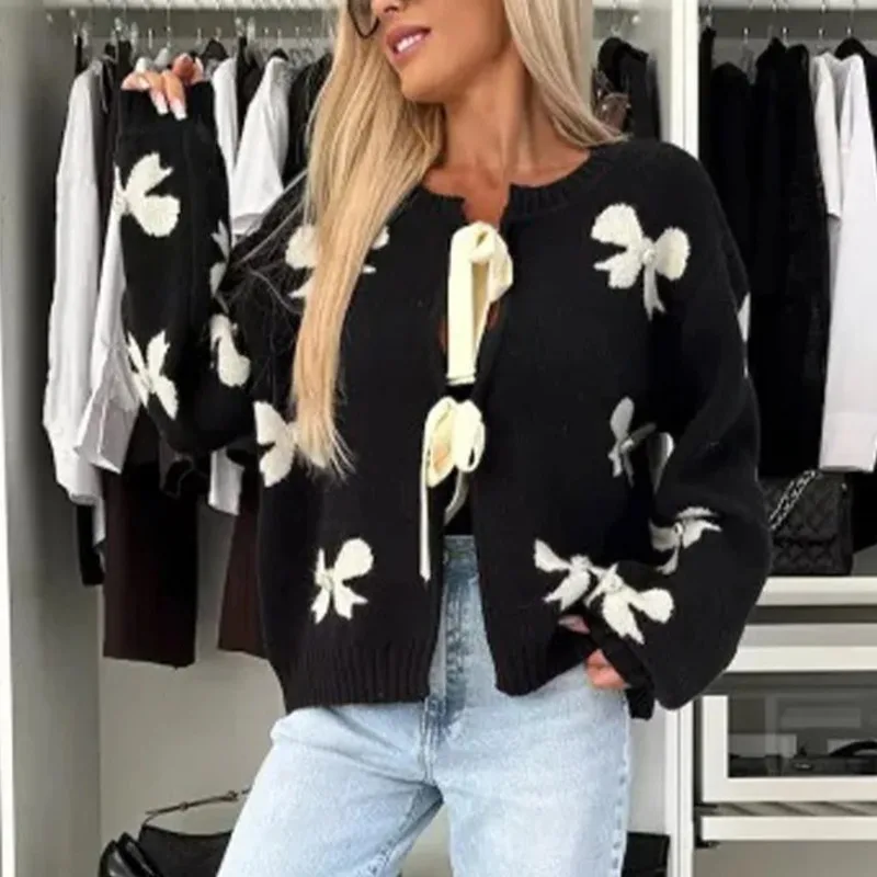 Suéter solto de malha com gola redonda e manga larga, feminino, temperamento simples e versátil, multiestilo