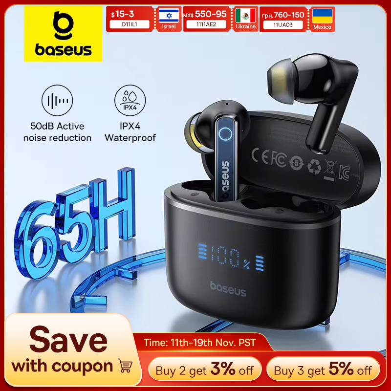  Baseus Bowie 30 Wireless Earphones 50dB Noise Reduction 65Hrs Long Playtime Bluetooth 5.3 Earbuds 6 Mics AI Call Clear Big Bass 