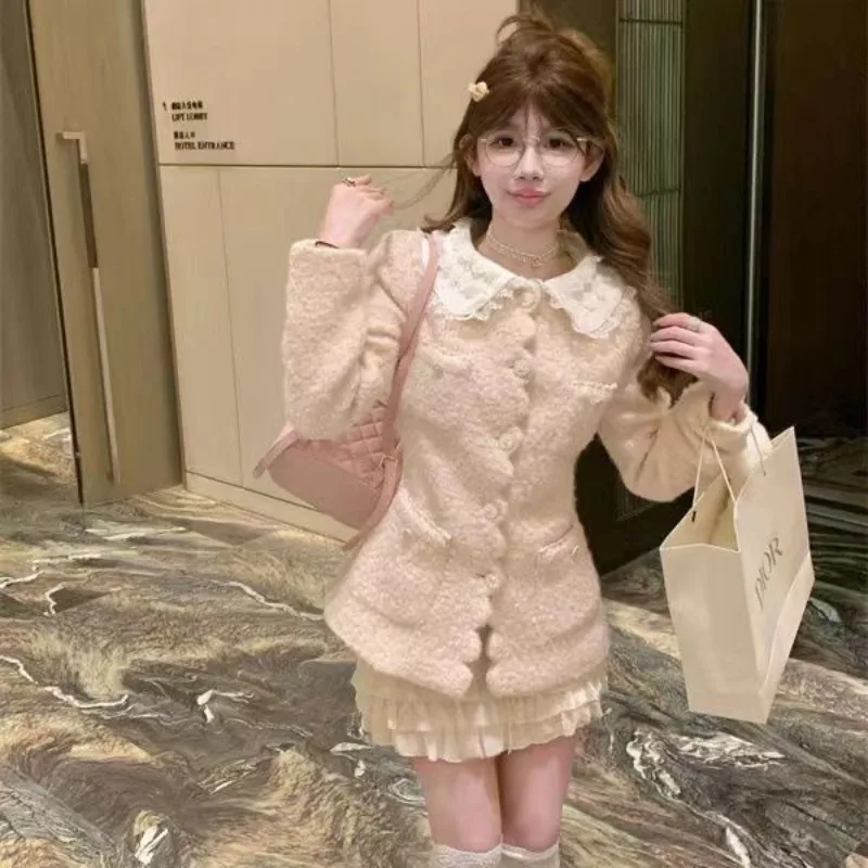 Sweet Lamb Cashmere Jacket Cake Skirt Two-piece Set Women Fashion Lapel Lace Splice Celebrity Slim College Winter Female Suit