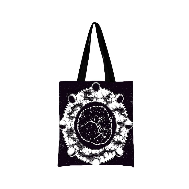 White Black Sun Moon Mandala Starry Sky Print Eco Tote Bohemian Shopper Gypsy Psychedelic Witchcraft Astrology Handbags Purses