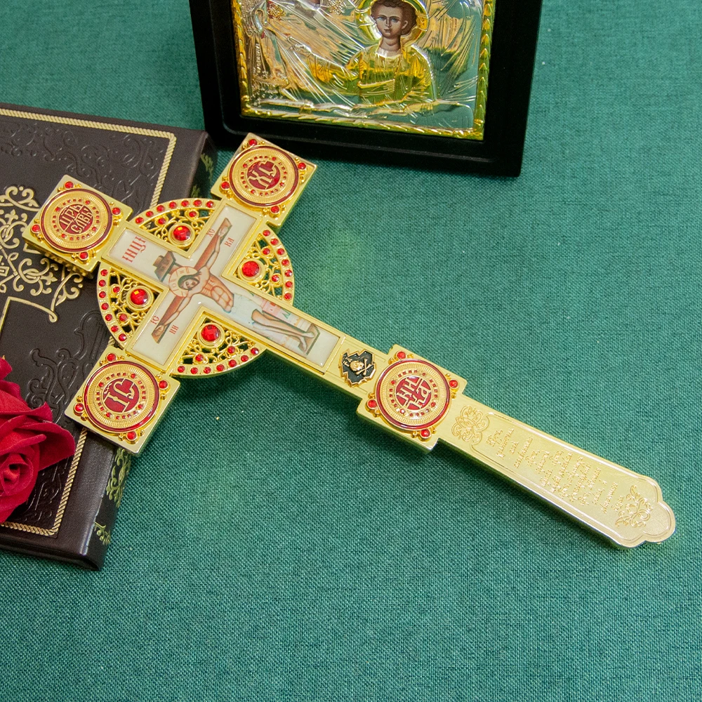 

Orthodox Crucifix Gold - Plated Red Rhinestones Engraved Scripture Exquisite Religious Decor for Home Altar Church Rituals Gift
