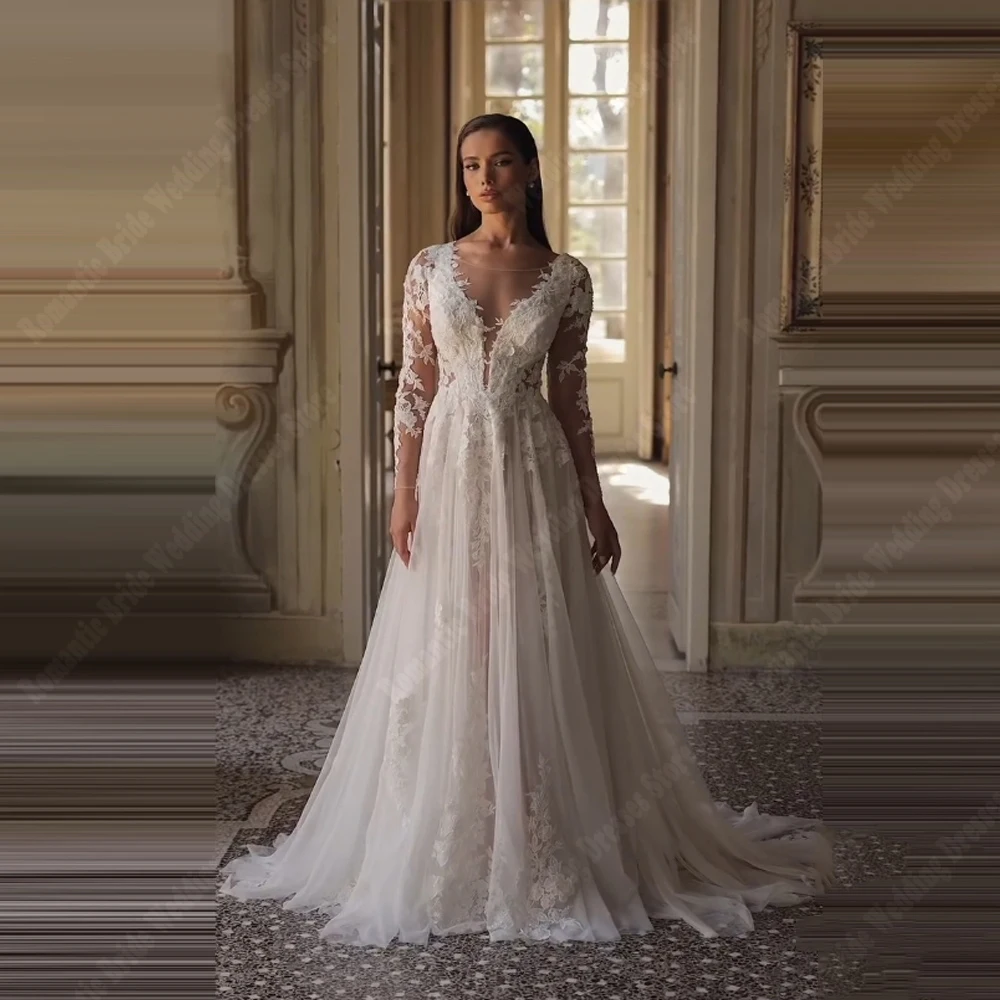 

Elegant Women Wedding Dresses Sexy V-Neck Lace Sleeves Bridal Gowns Celebrity Mopping Length Party Vestidos De Novias Customized