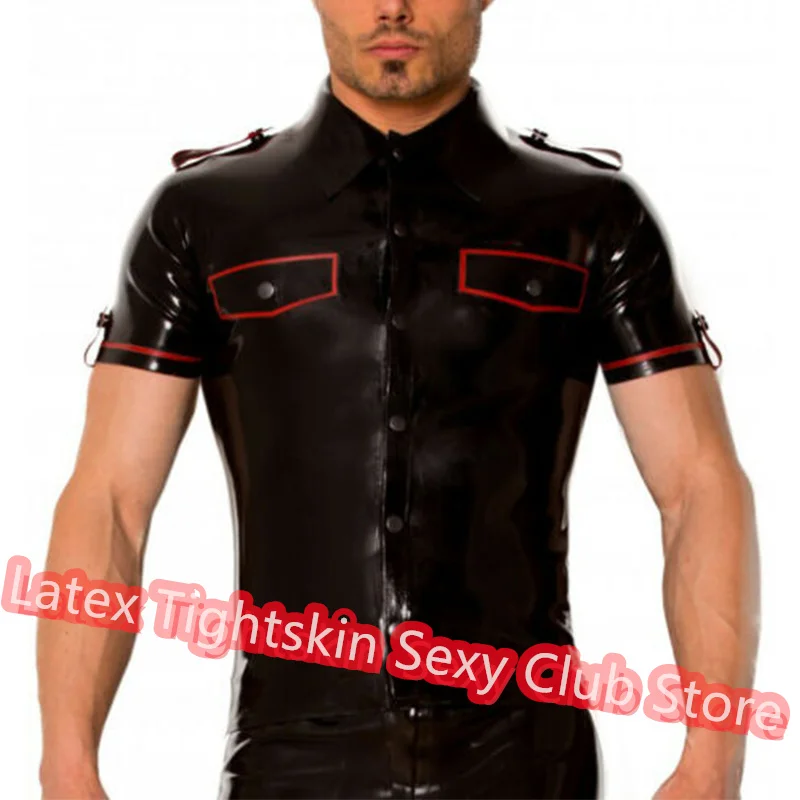 

Handmade Latex Men Short Sleeve Shirt Man Sexy Tops Rubber Tank Vest with Red Cosplay Costume