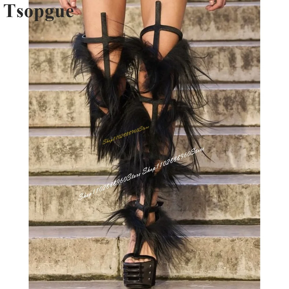 

Over The Knee Black T Strap Fur Platform Sandals Chunky High Heel Women Shoes Buckle Strap Open Toe 2024 Zapatos Para Mujere