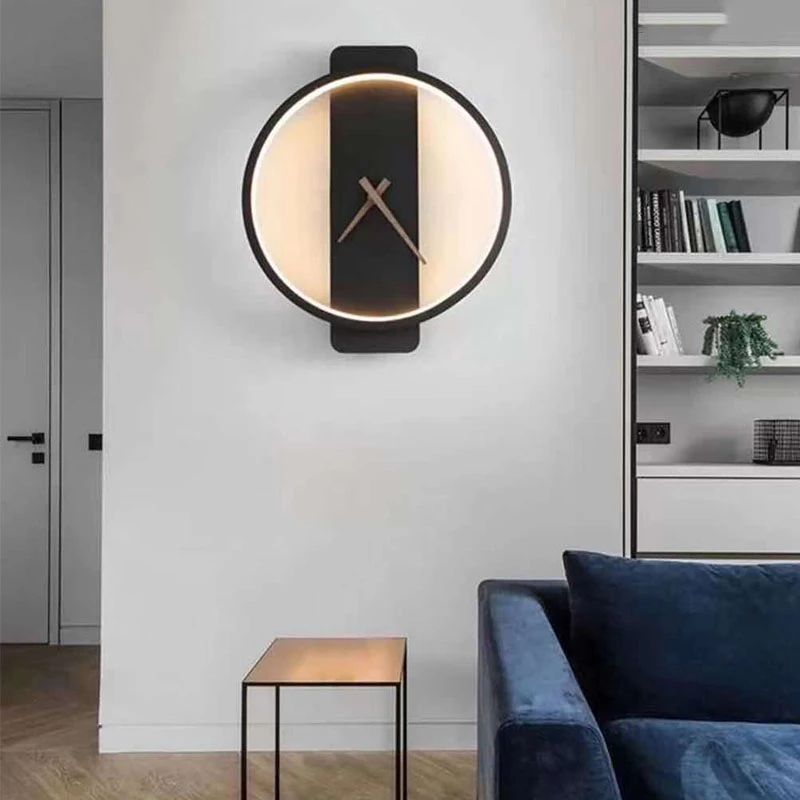 Nordic Design LED Wall Lamp With Clock Wrought Iron Wall Lights for Living Room Model Room Background Lustre Sconce Lamps