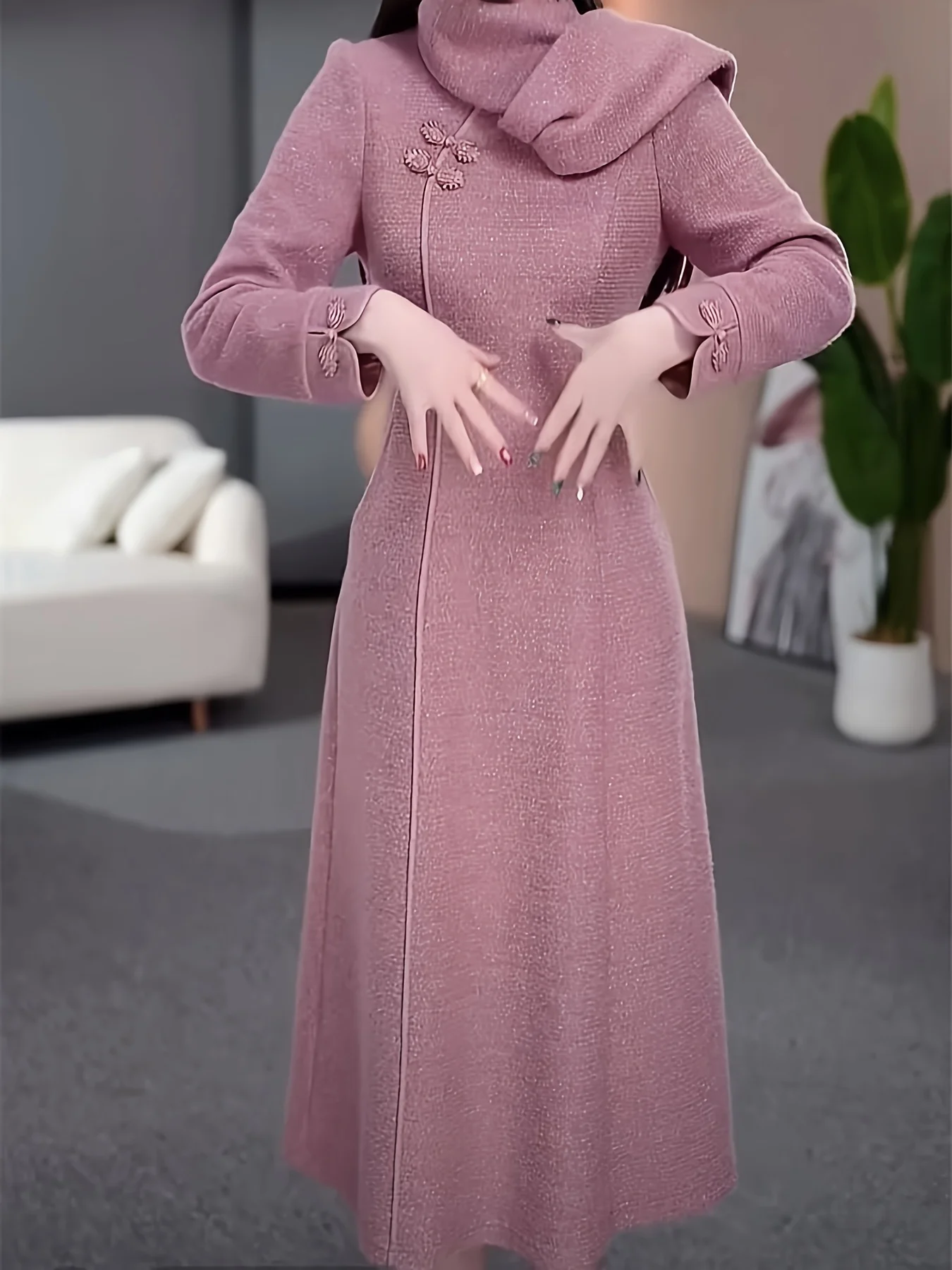 Women's Pink Cheongsam Style Woolen Dress Long Sleeve High Neck Elegant Winter Maxi Dress view 5