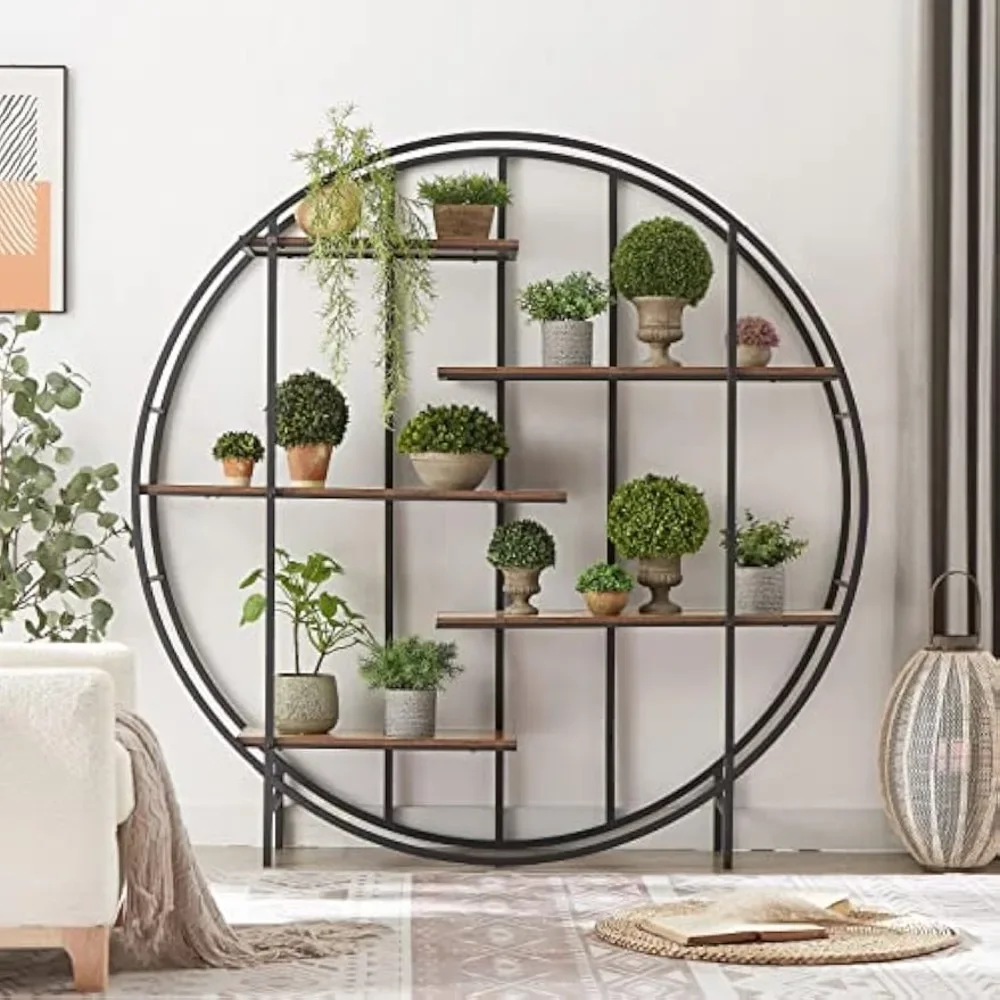 Rustic Brown Round 5-Tier Metal Plant Stand & Bookcase - 67'' W x 11.8'' D x 67'' H - Multi-Functional Storage Rack for Indoor