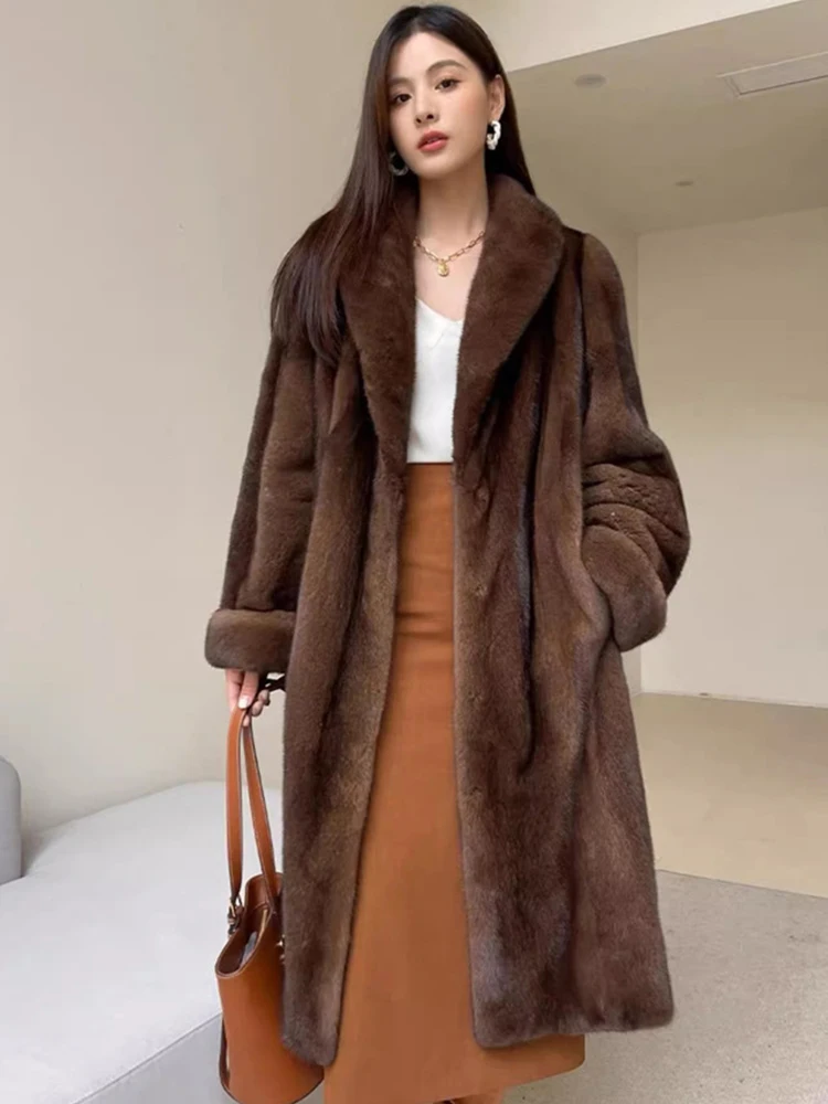 High Quality Luxury Long Fur Coat Women Winter Thick Warm Furry Outwear Faux Mink Fur Coat Pocket Lapel Fluffy Overcoat Elegant