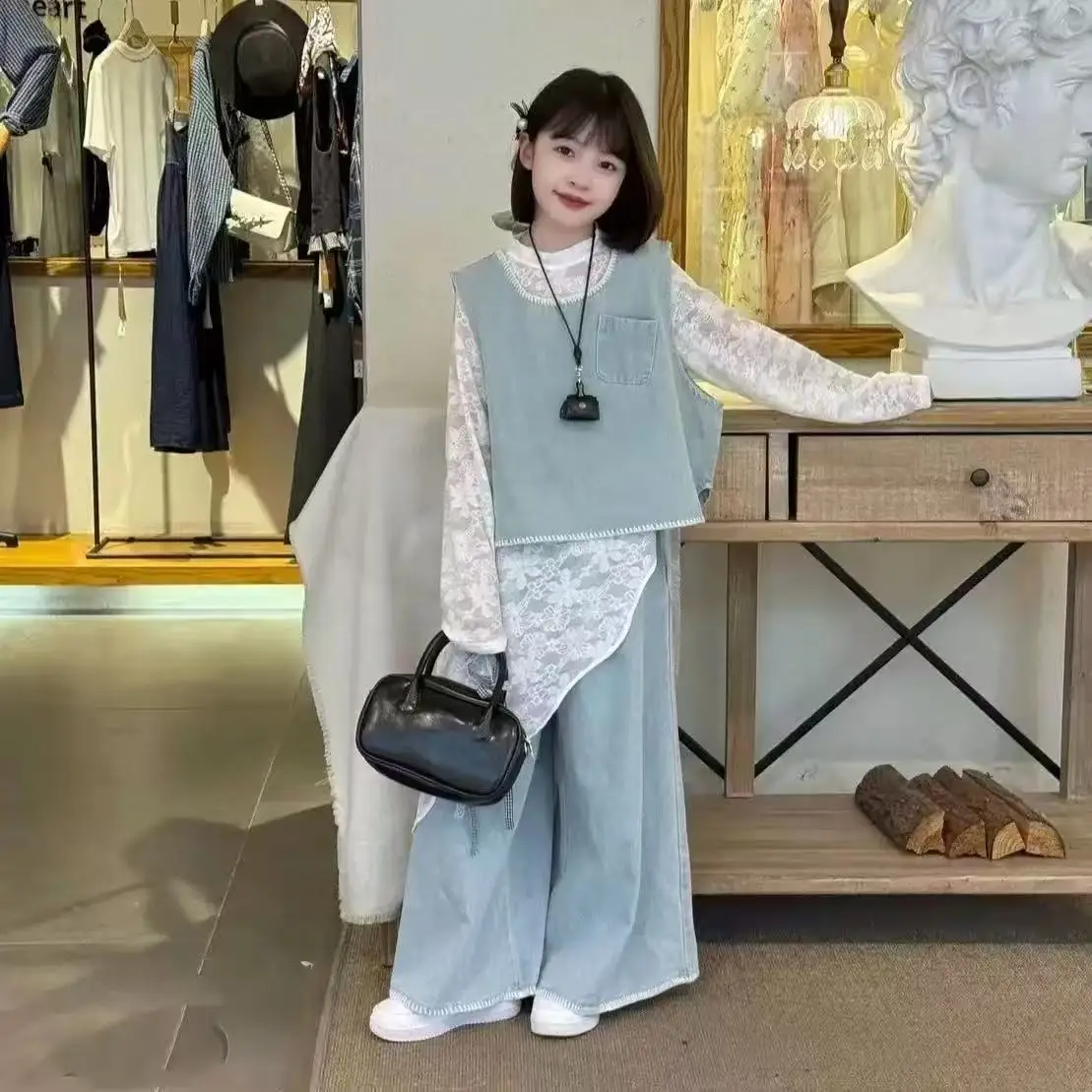 Girls Spring Autumn Set 2026 New Korean Fashion Denim Vest Wide Leg Pants Irregular Lace Skirt Three-Piece Outfit