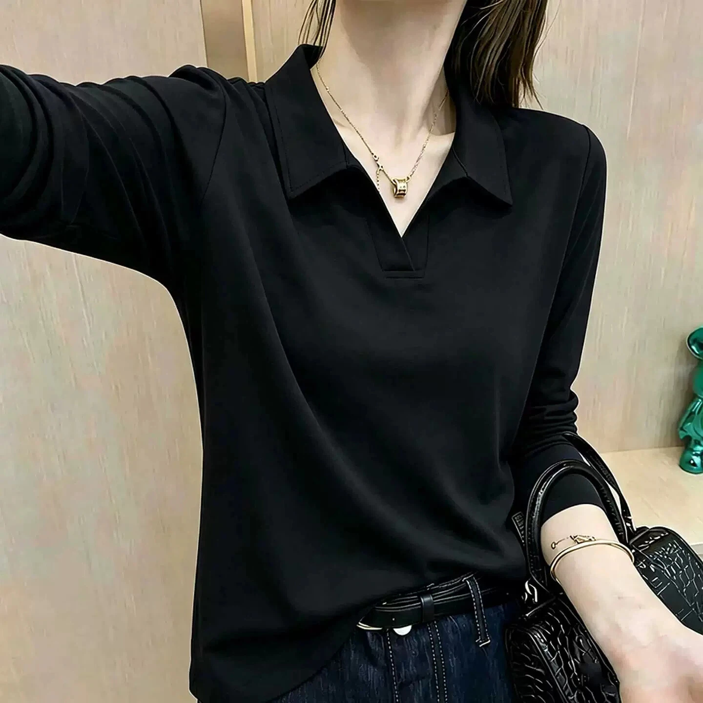 Casual Cotton Blend Long Sleeve T-Shirt Women's Fashionable Versatile Autumn Commute Mommy Top Button Placket Color