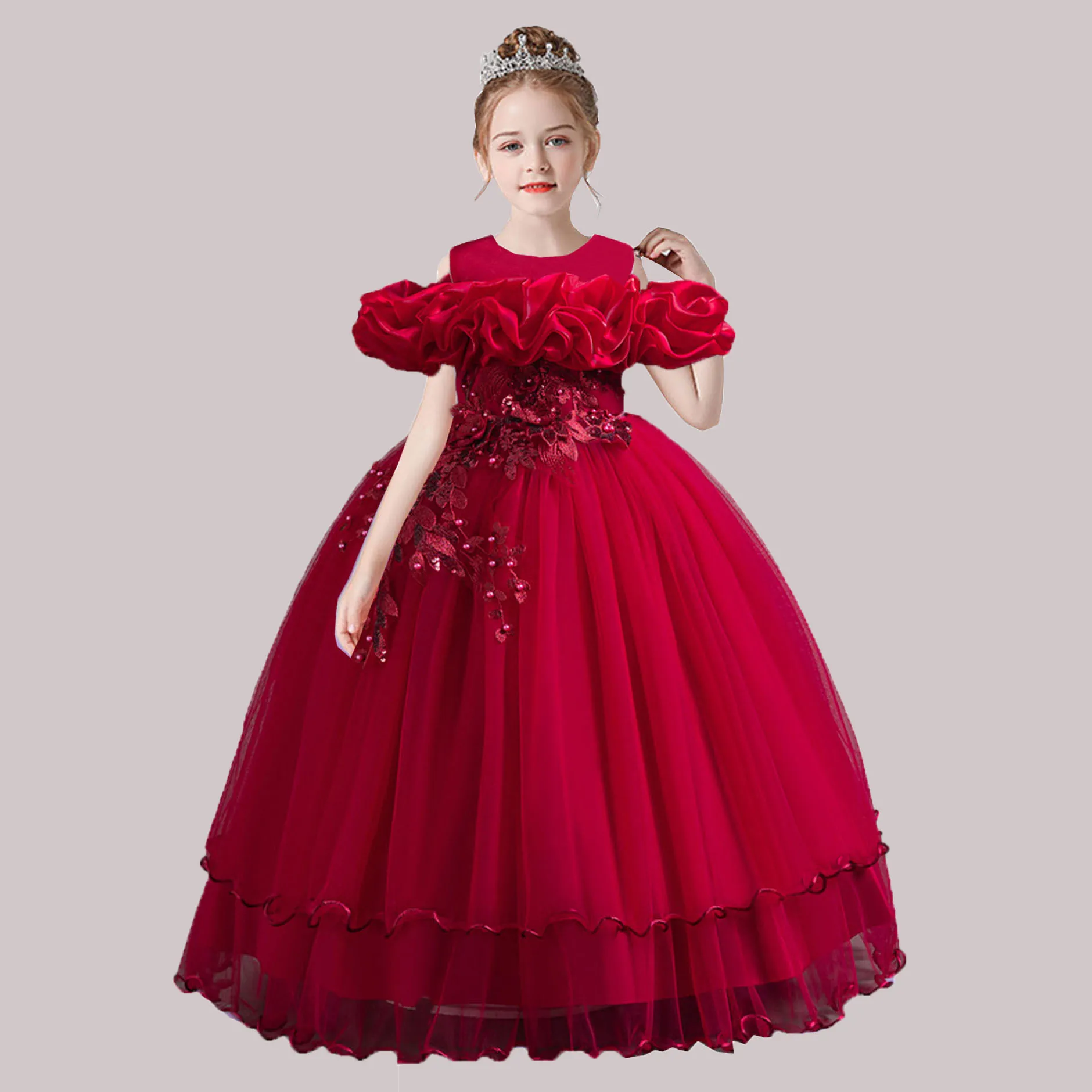 

Charlotte Stylish 4-14 Years Little Girls Off Shoulder Embroidered Flower Girl Birthday Party Graduation Ceremony Pageant Gown