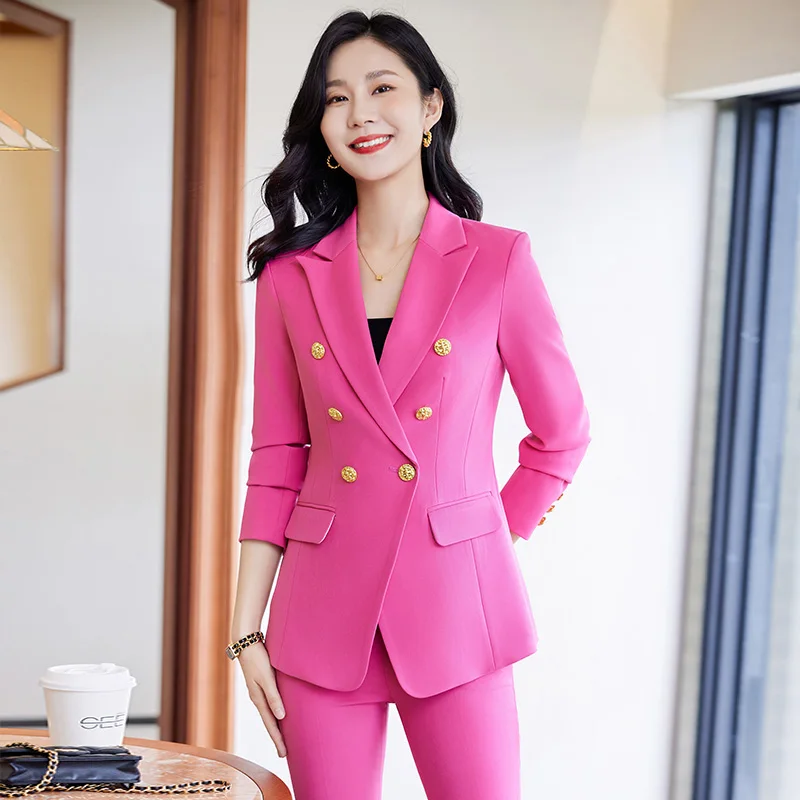 Korean High Quality Newest Women's Fashion Solid Colour Long Sleeve Jacket Two Piece Office Ladies Trouser Suit