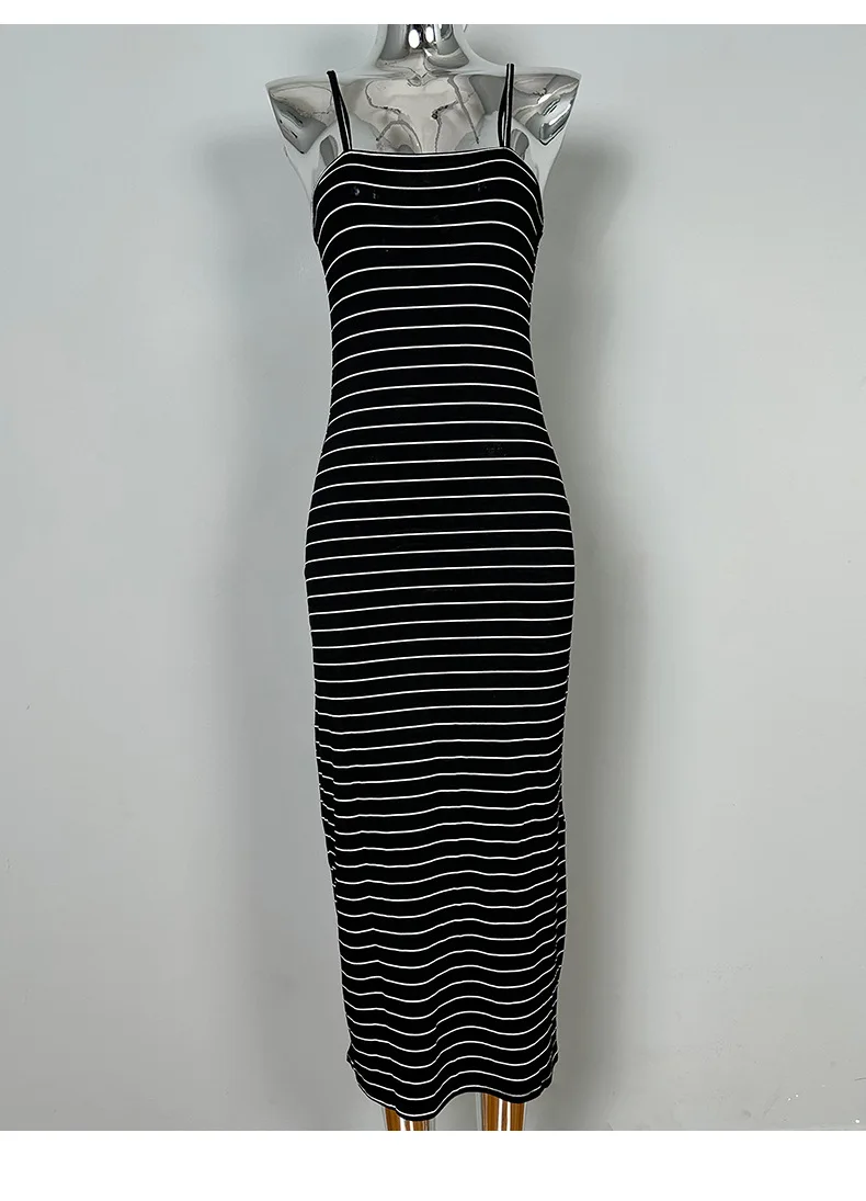 

Women's Fashion Athleisure Style Knitted Black And White Striped Crew Neck Hollow-out Long Dress