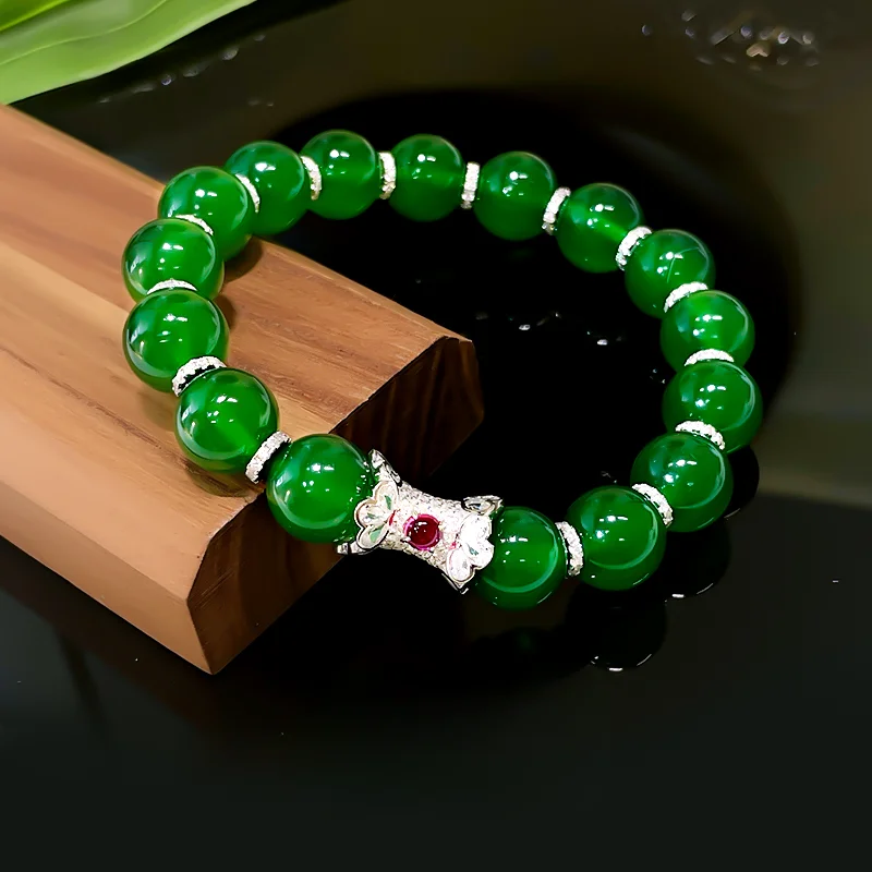 

New Chinese style palace style green chalcedony 925 sterling silver bracelet ice type glossy women's retro wedding jewelry