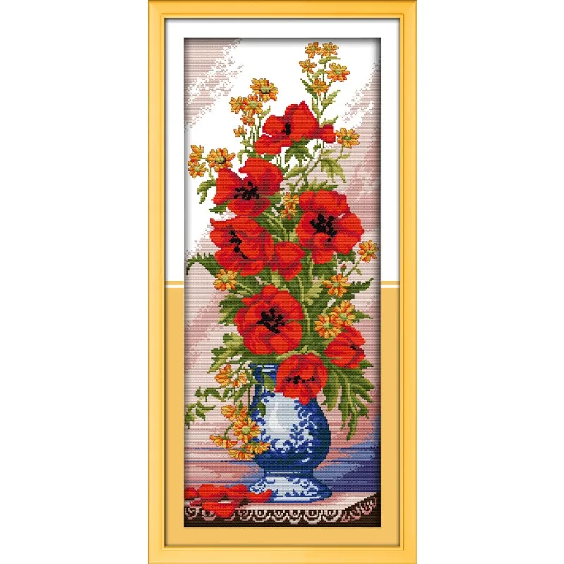 

Joy Sunday New Stamped Cross Stitch Kit,11/14/16CT DIY Easy Pattern Aida Fabric Embroidery Set-Poppy Celadon Vase