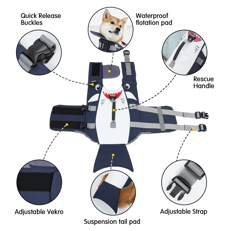 Giubbotto di salvataggio per cani a forma di squalo, costume da bagno di sicurezza, assistente di sollevamento per animali domestici regolabile con