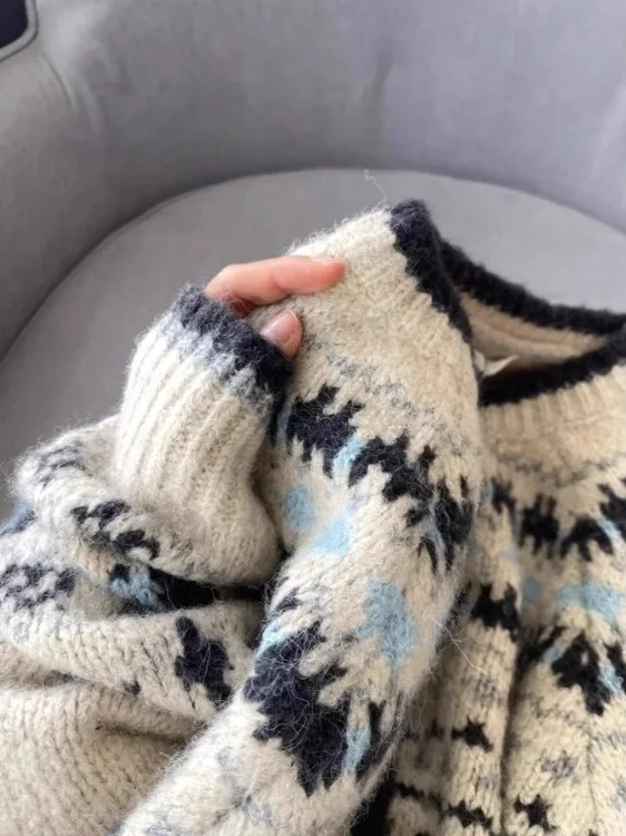 레트로 니트 오픈 가디건 여성용 가을 겨울 테니드 루즈 페어 아일 스웨터 라운드 넥 싱글 버튼