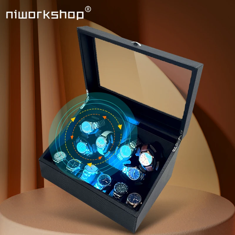 Niworkwork-صندوق لفاف الساعة الأوتوماتيكي ، علب تخزين ساعات كبيرة السعة ، محركات هادئة ، ضوء LED ، 3 + 3 + 6 + 6 فتحات ، 1