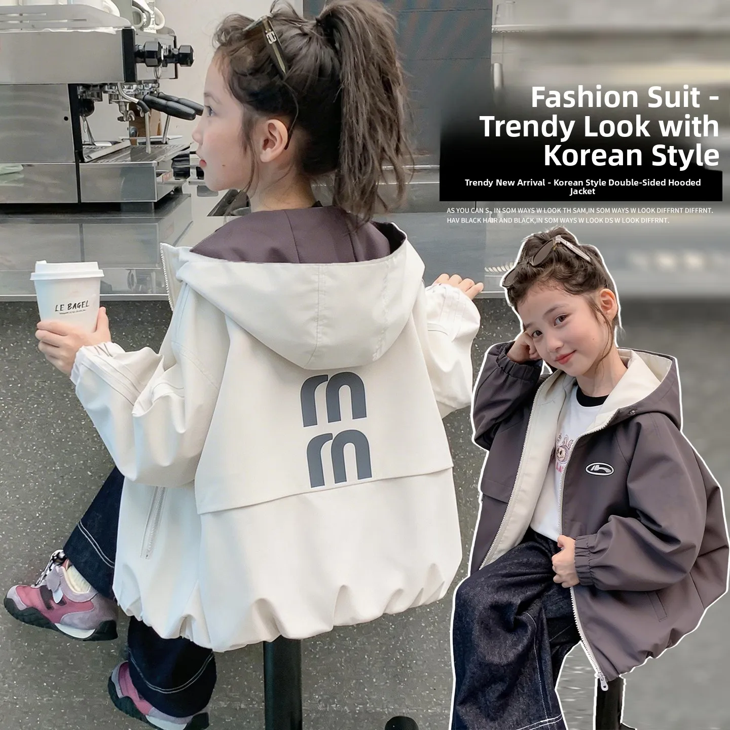 Girls Double-Sided Wear Spring Coat Hooded Casual Jacket New Arrival Children's Outerwear Polyester Fiber Windproof Waterproof