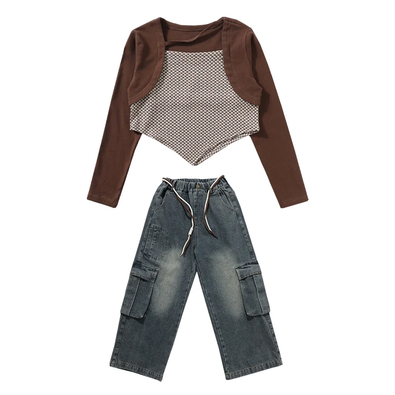 Winter Lange Mouw Top Meisjes Hiphop Kleding Street Dance Jazzdans Kostuum Top Jeans Pak Stadium Outfit Catwalk Wear DQL10072