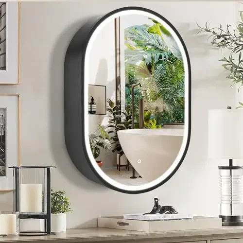 Oval smart LED bathroom mirror cabinet, wall-mounted with light strip, anti-fog bathroom vanity mirror, storage on Amazon