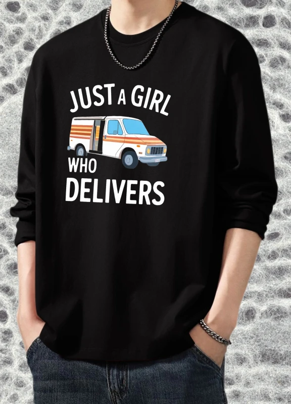 

Футболка мужская осенняя Пара Хип-Хоп Футболка с длинными рукавами и графическим рисунком Just Girl Who Delivers Delivery Van Дышащая повседневная футболка с принтом