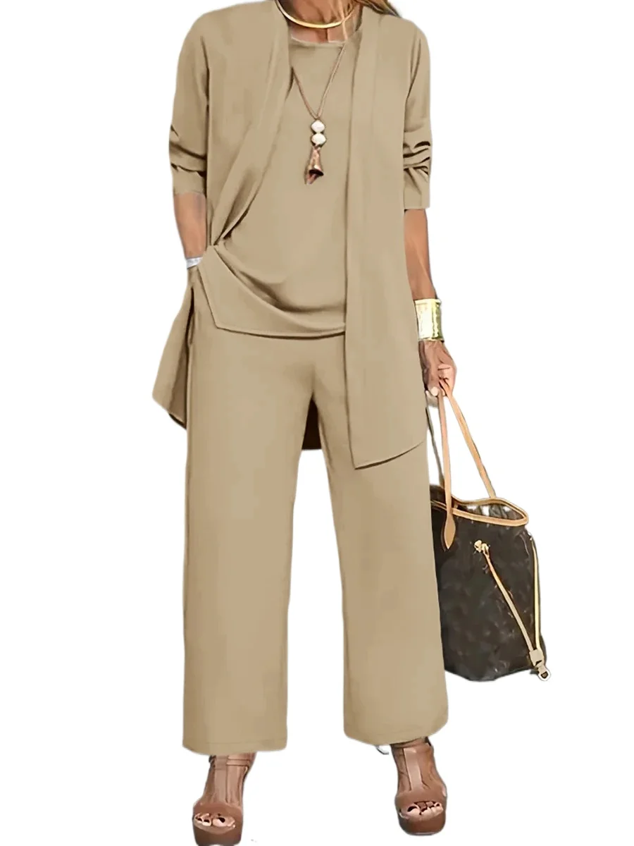 2026 Women 3 Piece Set Solid Long Sleeve Cardigan Top Wide Leg Pants Suit Elegant Office Lady Casual Autumn Fashion Wear