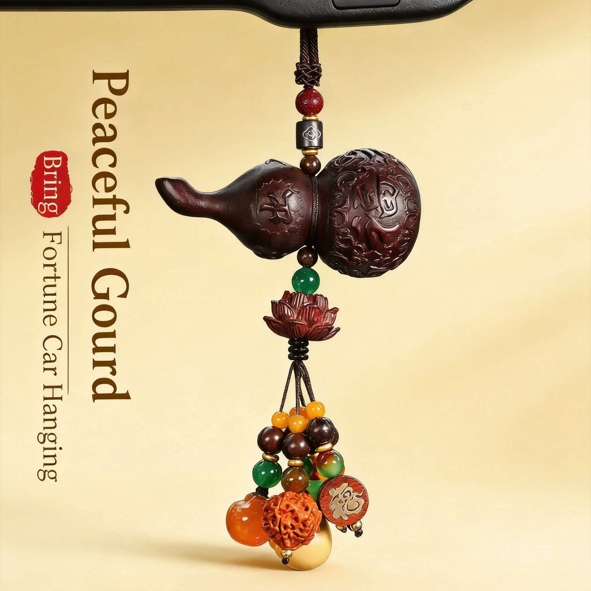 

Chinese Style Peach Wood Gourd Car Hanging Ornament Lucky Blessing Wealth Attracting Rearview Mirror Pendant With Beaded Lotus