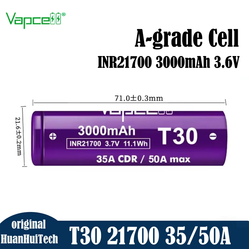 Batteria originale Vapcell T30 INR21700 3000mah CDR 35A Max 50A 3.7V Grado A 21700 Cella ricaricabile agli ioni di litio per torcia elettrica