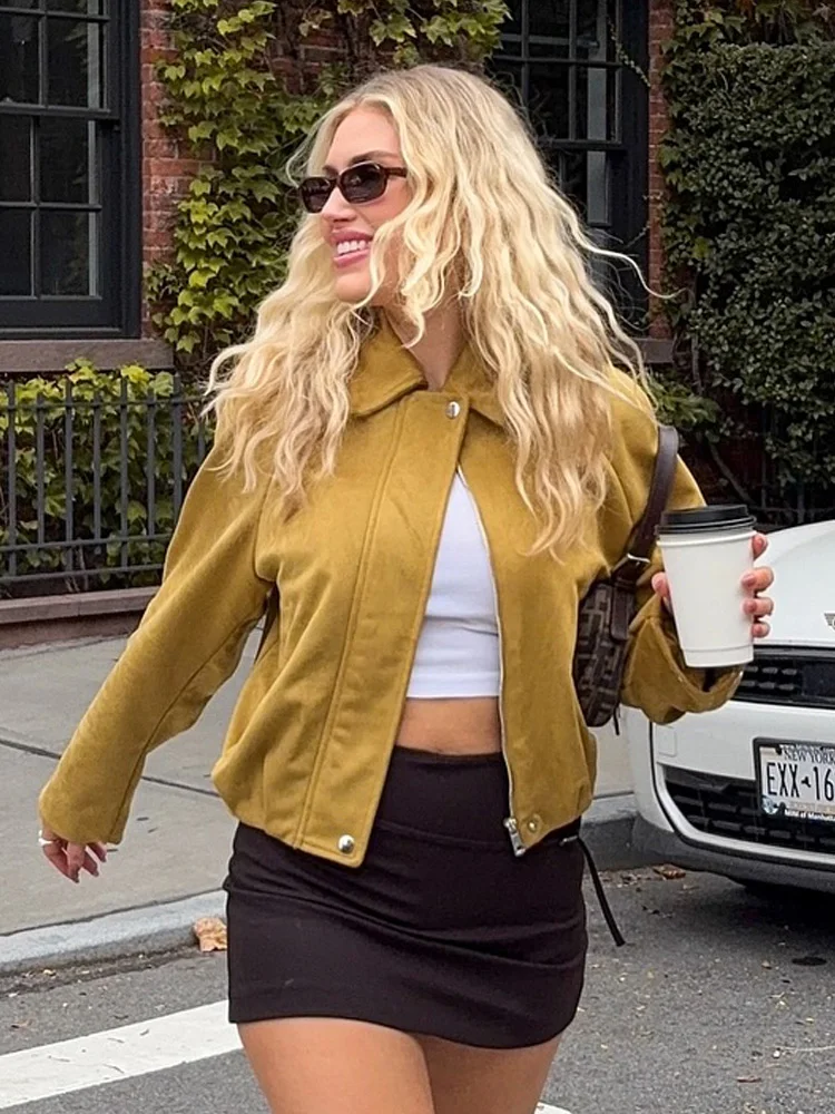 HH automne femme Chic col rabattu fermeture éclair poche conception Style de rue manteaux femmes élégant manches longues veste courte