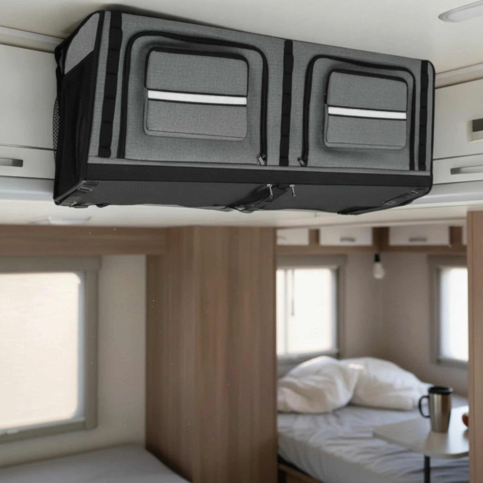 Armário de Armazenamento Suspenso para RV com Painéis Laterais em Malha, Armário de Armazenamento Flexível que Economiza Espaço para o Interior do Veículo