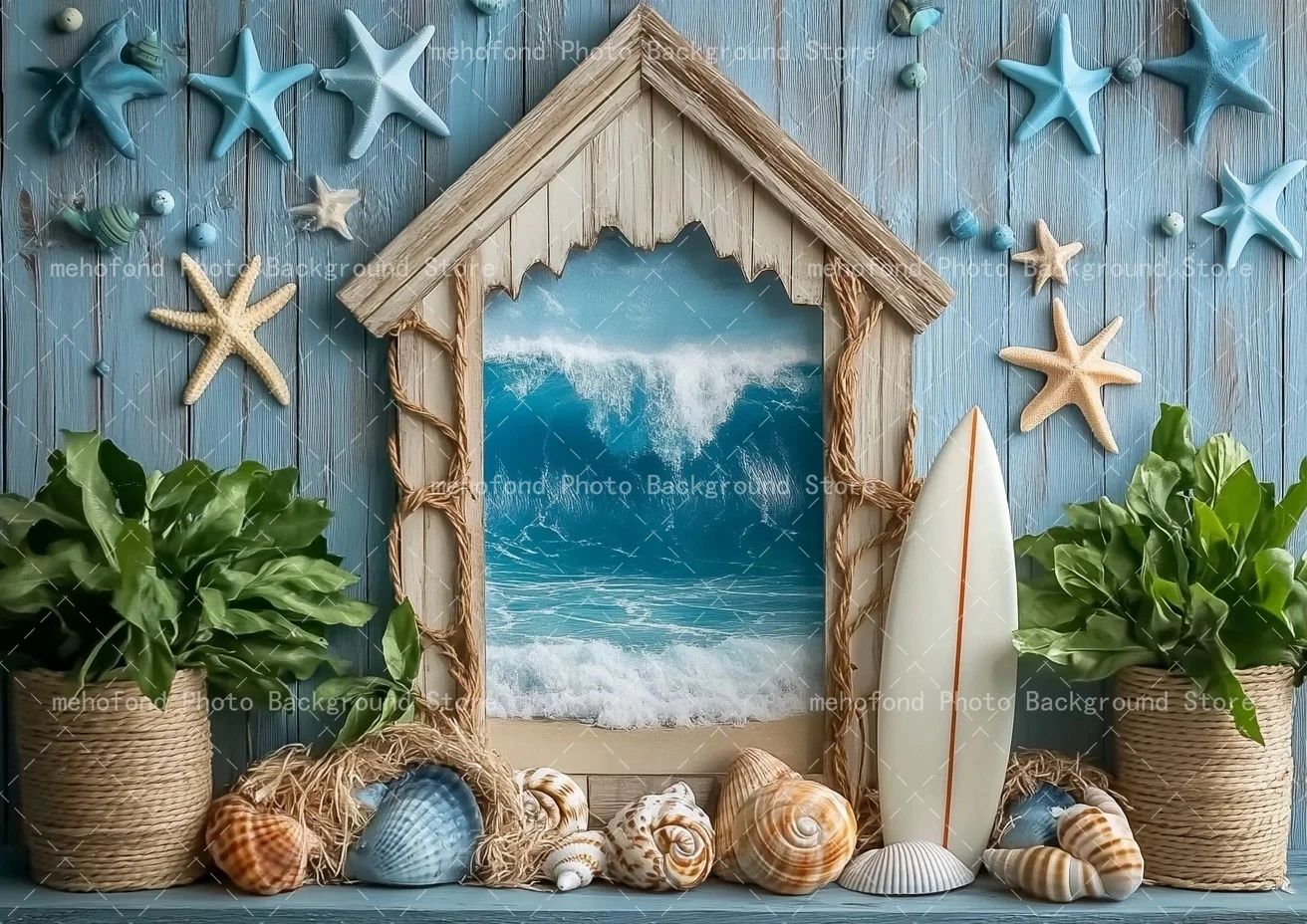 Mehofond Fresh Waves Flowers Shells Old Wooden Windows Green Plants Summer Photos Kid's Seaside Theme Photography Background
