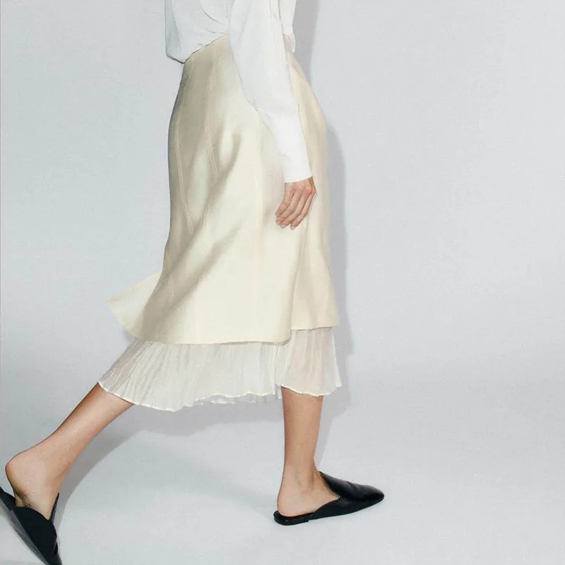 Elegant Silk Satin Midi Skirt Spring New Arrival Women's Fashion Pure Color Block Design 18-25 Years Olds 2026 Spring Season