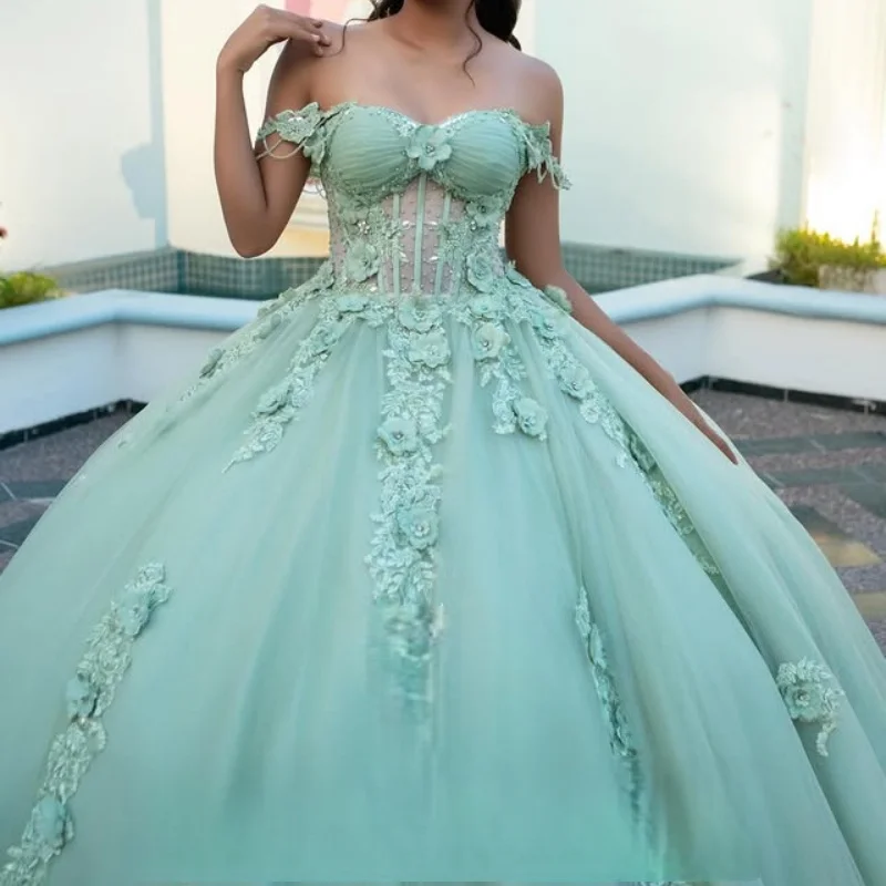 

Mint Green Quinceanera Dresses Off the Shoulder Glitter Crystal 3D Flower Decal Lace Long tail Vestido 15 Quinceanera Customized