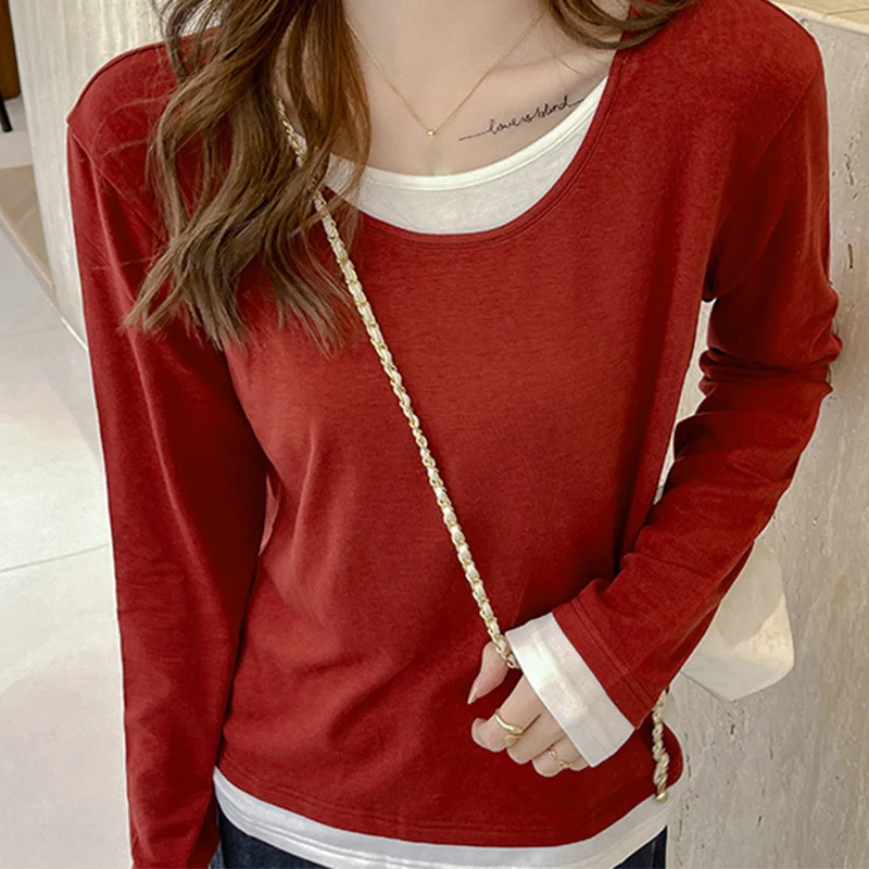 

Casual Patchwork Long Sleeve T-Shirts Women Faux Two Pieces Pullovers Woman 2025 Autumn Crew Neck Bottoming Shirts Ladies