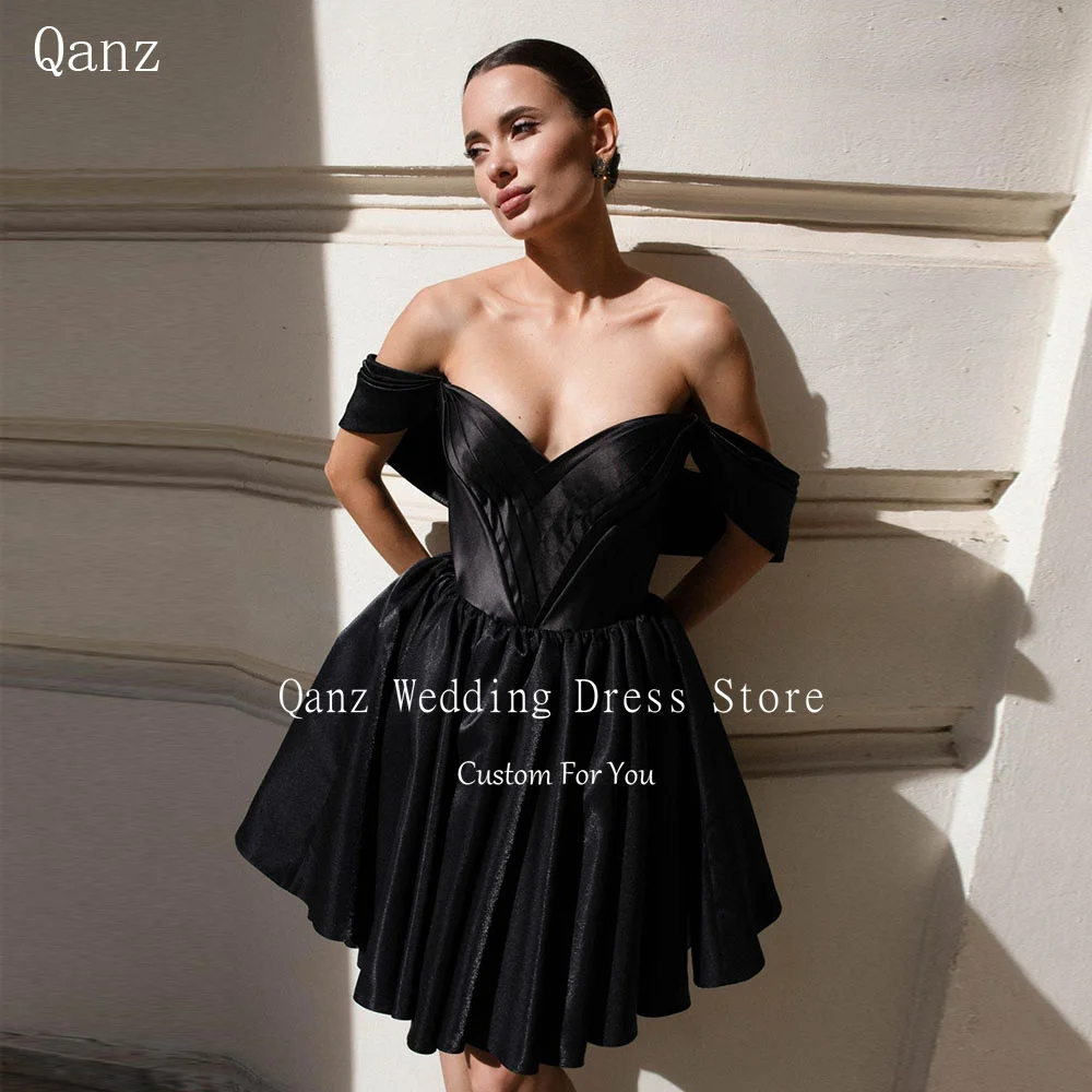 

Qanz Short A Line Black Prom Dress Off The Shoulder Satin Cocktail Parties Mini Backless Sexy Vestidos Para Mujer Customized