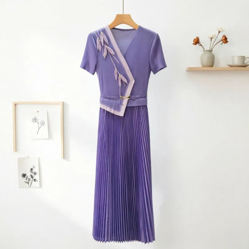 Miyake Pleated Dresses European New V-Neck Short Sleeve Elegant Tie Waist Elastic Plus Size Women's Commuter Office Long Dress
