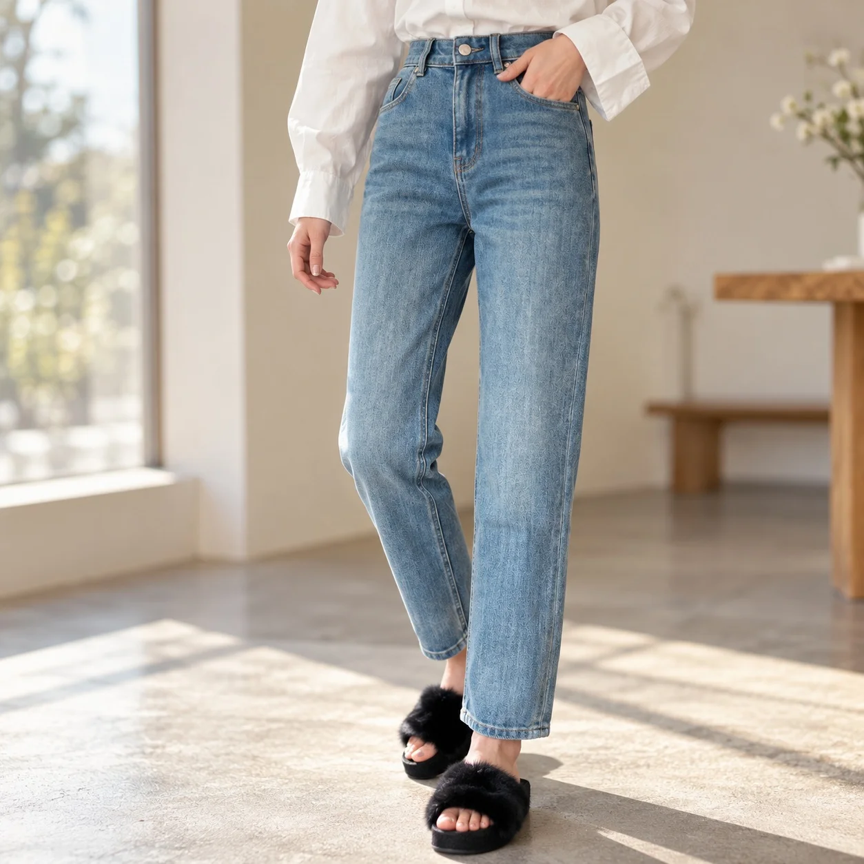 High Waist Washed Finish Jeans with High Stretch Wrinkle Finish Japanese Korean Casual Mid Waist Spring Lightweight Women Jeans