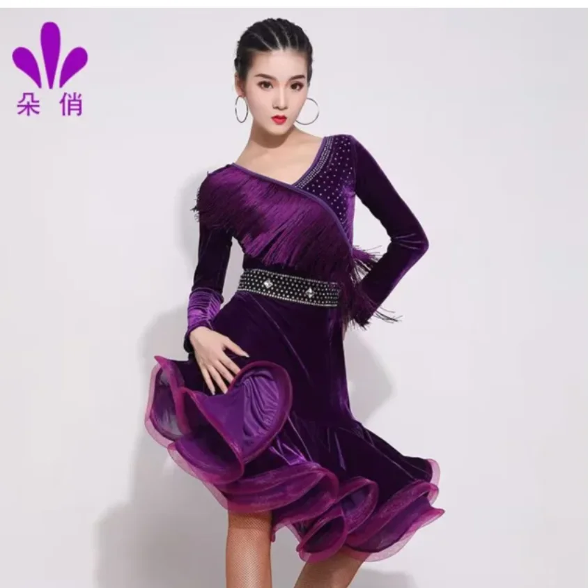 1pcs/lot woman fashion velvet latin dancing dress lady winter long sleeve cha cha dancing ruffles dress