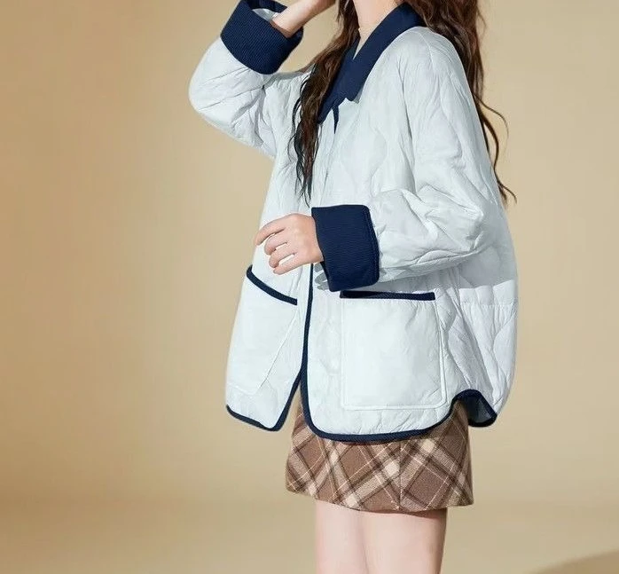 2025 Jaqueta de algodão de manga curta contrastante com gola virada para inverno