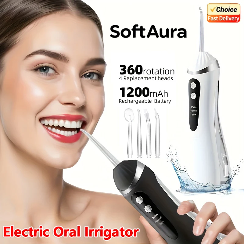 SoftAura Electric Water Flosser Oral Irrigator Rechargeable Teeth Cleaner 3 Modes Portable Dental Cleaning for Home Travel Use