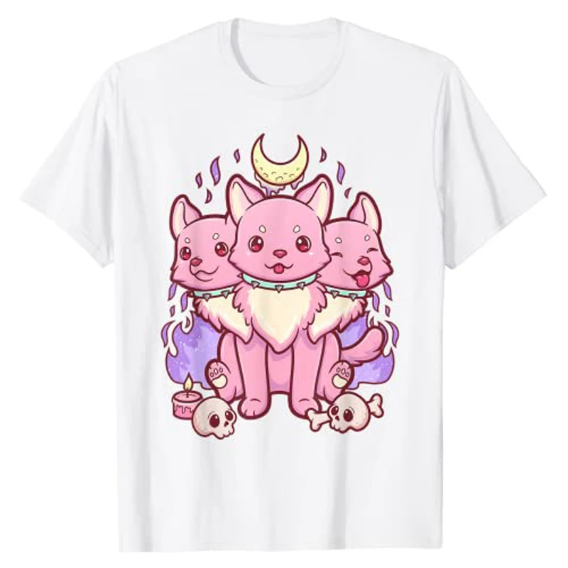 Kawaii Pastel Goth Creepy Witchy Cat and Skull T-Shirt, Cartoon, Creepy-Skull, Serpette, Salle Trash Shirts, 3 Head Dog Clothes, Cute