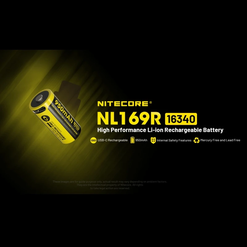 NITECORE NL169R 950mAh 3.6V RCR123A High Performance Battery USB-C 16340 Battery