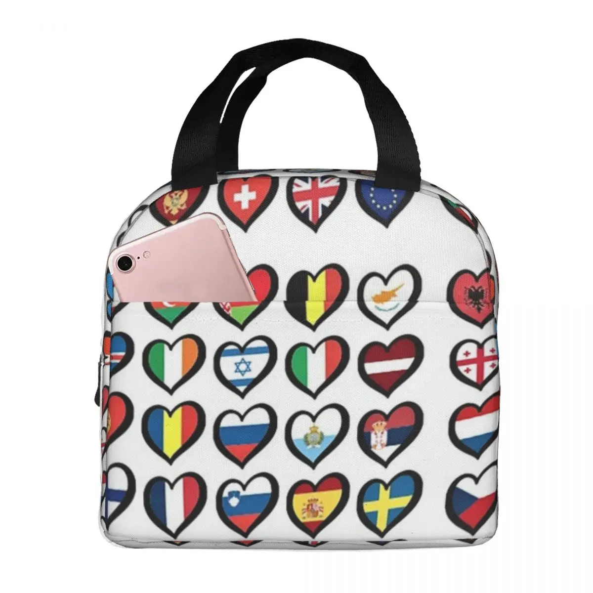 Eurovision Song Contest Flags Hearts Lunch Bags Insulated Bento Box Lunch Tote Leakproof Picnic Bags Cooler Thermal Bag Woman