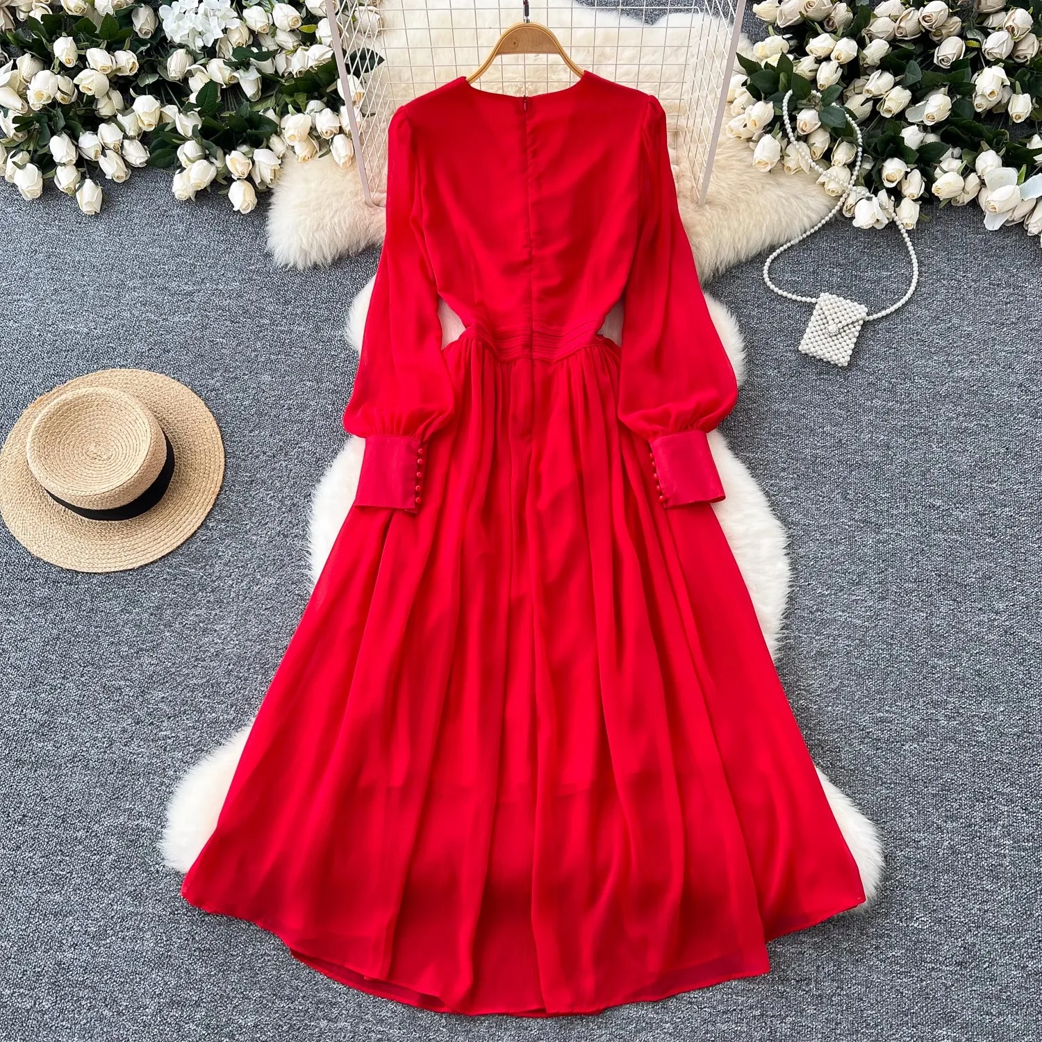 High Quality Elgant Evening Solid Color Women Spring Summer Chiffon V Neck Long Sleeve Appliques Casual Office Dresses