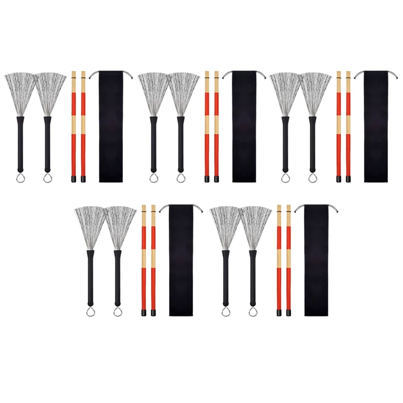 

A74K-5 Pair Drum Brushes Retractable Wire Brushes Drums Drum Sticks Brush + 5 Pair Rods Drum Brushes Sticks Drum Stick Set