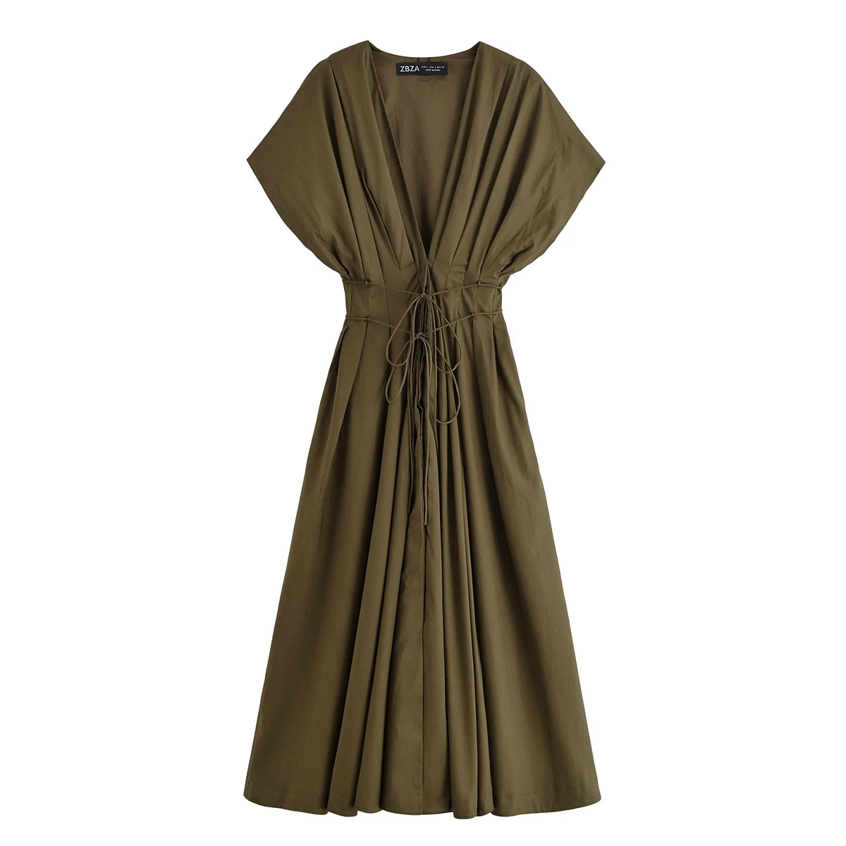 

Topenomi Women Dress 2025 Summer V Neck Short Sleeve Bandage Waist A-line Pleated Long Dresses Simple Casual Party Robe Платье
