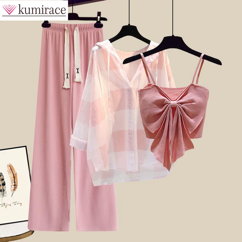 

Summer Temperament Suit Women's 2022 New Large Korean Casual Elegant Women's Sling Shirt PINK PANTS Three Piece Set