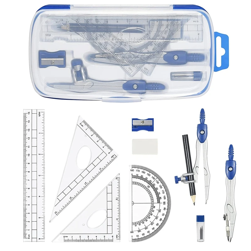 10 Piece Math Geometry Kit Sets Student Supplies For Drafting And Drawings With Shatterproof Storage Box